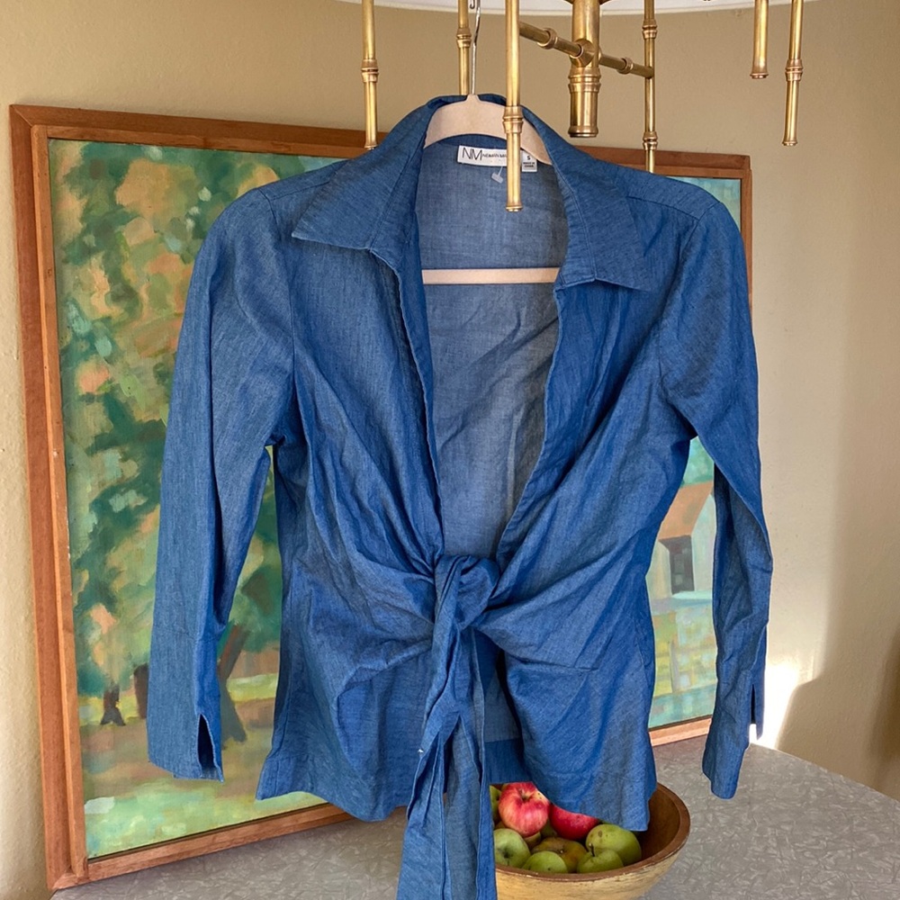 Neiman Marcus, small premium denim Light Blue Open Front Tie Waist Wrap Blouse